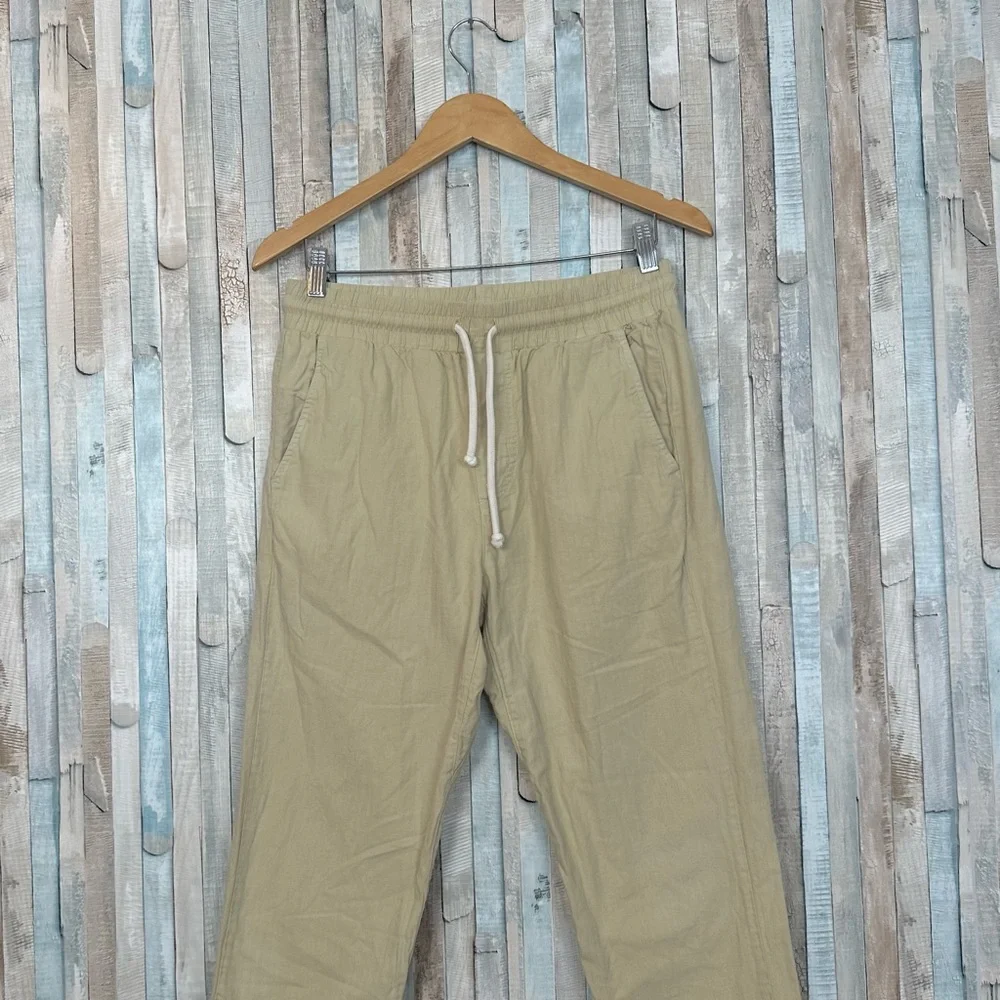 Adam Mar S Tan Cotton Linen Twill Trouser Pants Drawstring Minimalist Casual